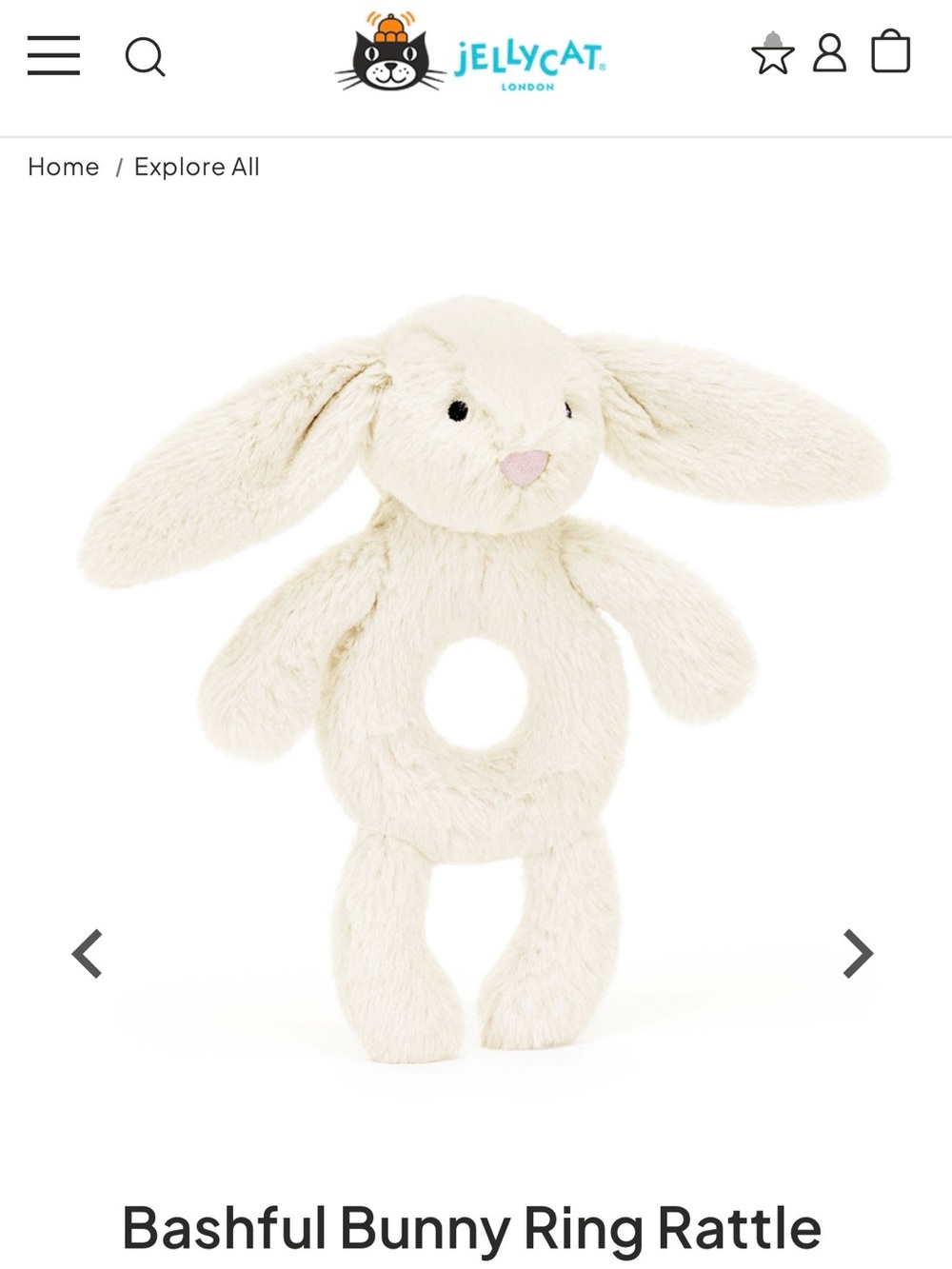 Jellycat Cream Bashful Bunny Ring Rattle